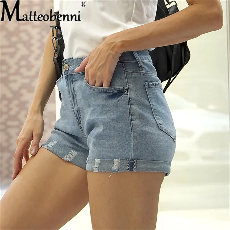 Женские джинсовые шорты с дырками модные повседневные обжимные летние синие