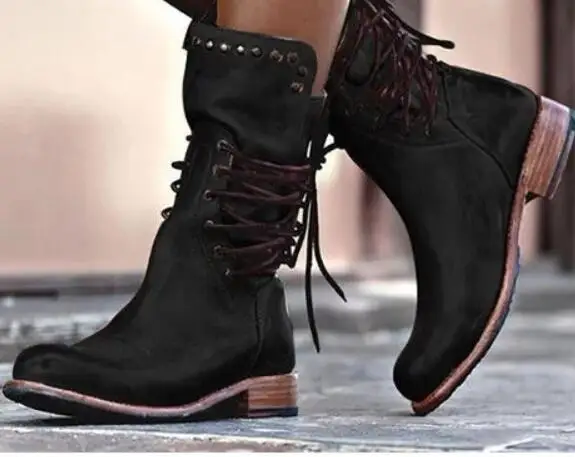 

2020 Winter Women Boots Leather Spring Autumn Shoes Woman New Style Mid-calf Lace-up Ladies Ankle Boots With Studs
