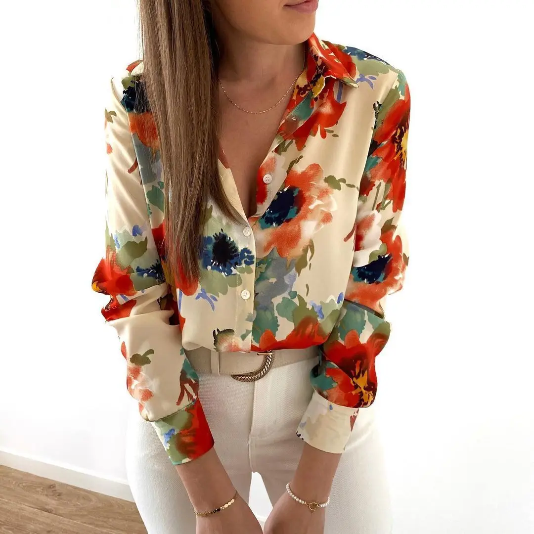 

Ladies' loose lapel printed long-sleeved shirts, floral printed blouses, spring and autumn loose casual shirts