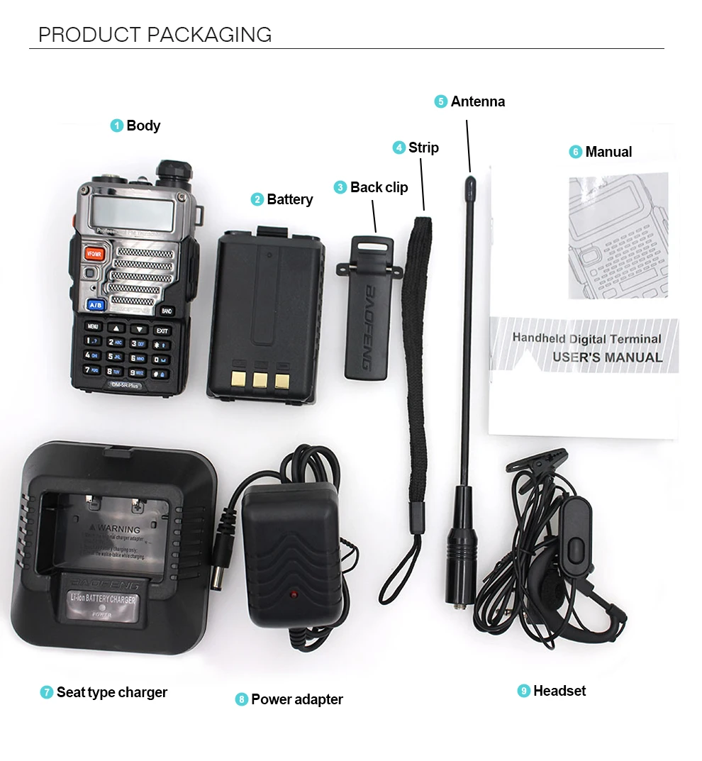 Рация Baofeng DM 5R PLUS VHF 136 174 МГц/UHF:400 480 МГц 3 км 5 2000 мА*ч FM радио|Рации| |