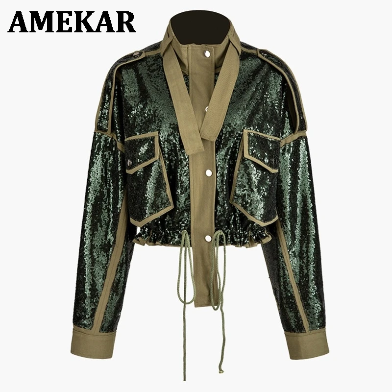 

Patchwork Sequins Lace Up Women's Coats Turtleneck Long Sleeve Hit Color Jacket For Female Fashion Clothes 2021 New
