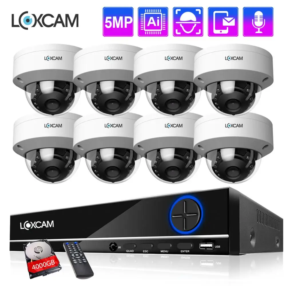 

LOXCAM H.265 + 8-канальная POE Система видеонаблюдения 5 Мп ИИ комплект для обнаружения лица NVR аудио Антивандальная Купольная IP-камера POE дневная и Н...