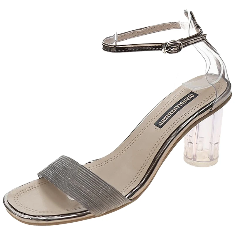 

All-Match Cross-Shoes High Heel Sandal for Women 2021 Summer Suit Female Beige Buckle Strap Med High-heeled Clear Black Fashion