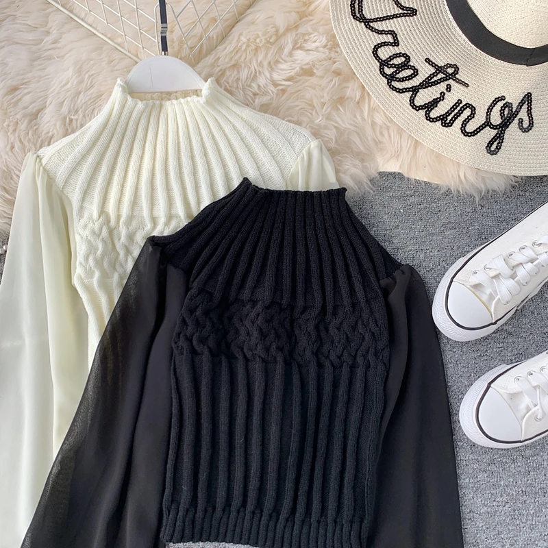 ALPHALMODA осень-зима модный свитер со жгутами фонарь длинный рукав шифон пэчворк повседневные женские пуловеры вязаный джемпер