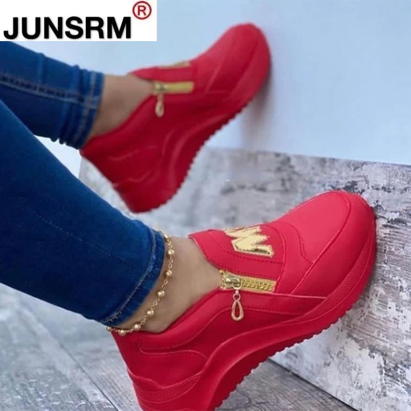 

2021 Women Chunky Sneakers Solid Color Platform Shoes Thick Bottom Zipper Women's Vulcanized Shoes Sneakers Zapatos De Mujer