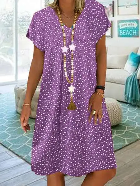 Womens Loose Casual Dress 2020 Summer Short Sleeve Heart Printed Dresses Plus Size V Neck Wave Point Beach Party Women | Женская одежда