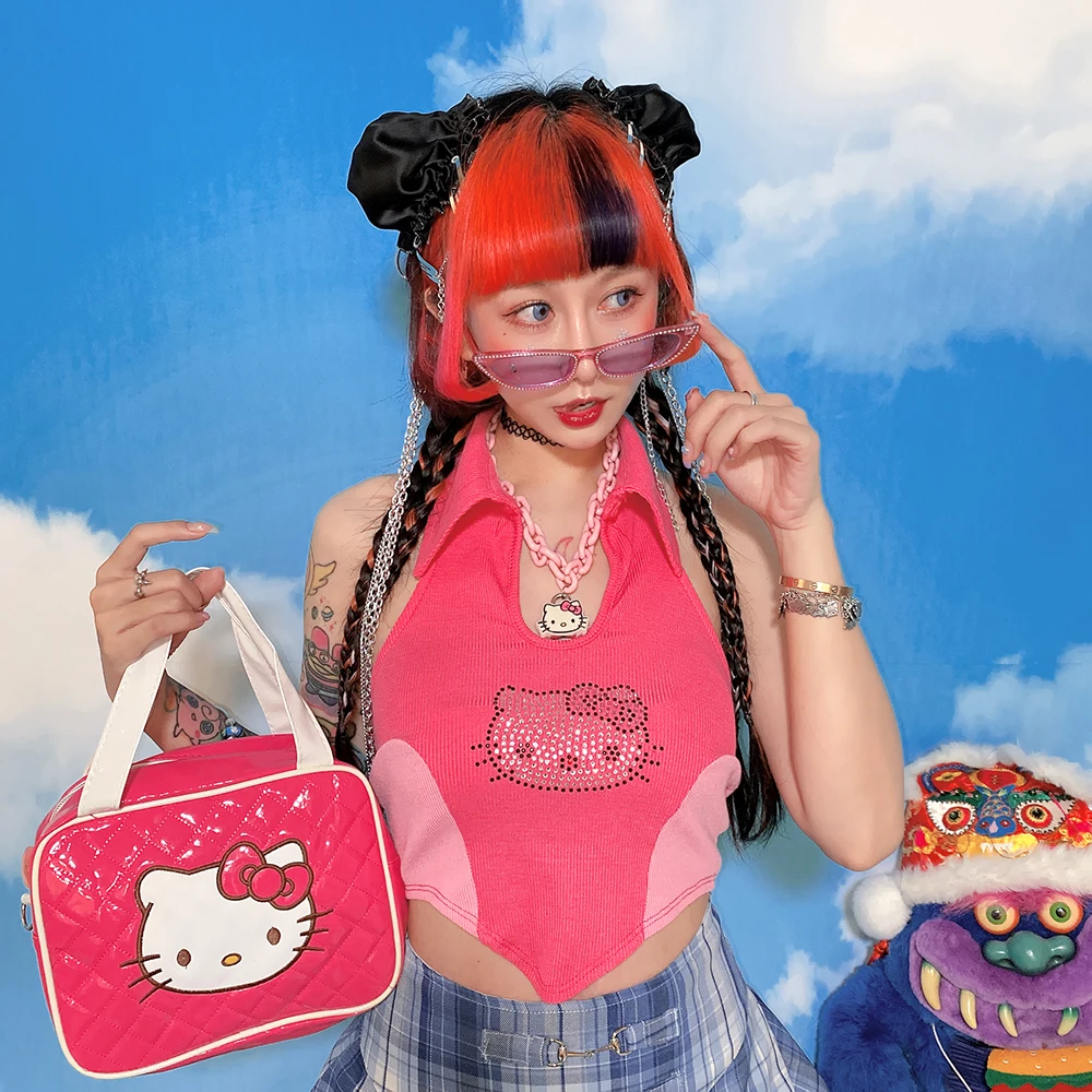 

Women Sexy Vest Summer Hot Girl Rhinestone Lapel Pink Sling Japanese Harajuku Y2K Sweet Slim Cartoon Print Short Tops