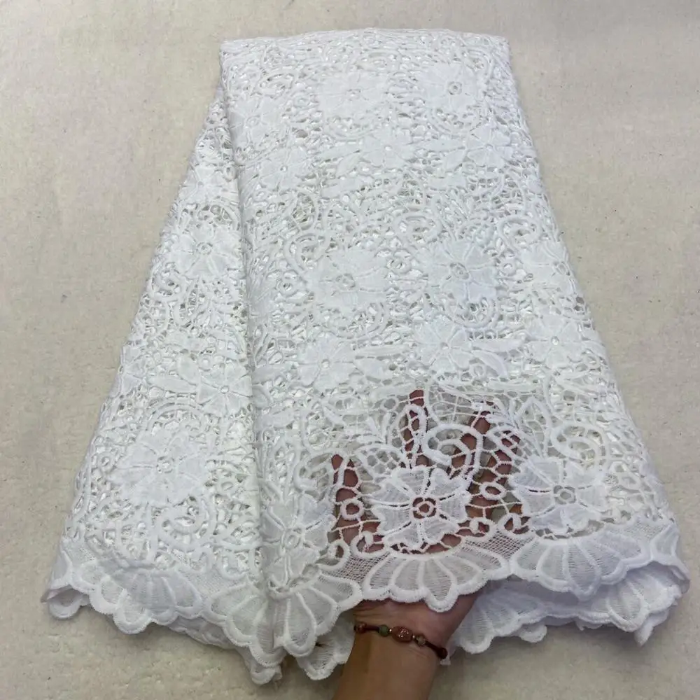 

Hot sale water soluble lace fabric AJYW9 beautiful flowers women dress wholesale price pure color African cord lace Fabric