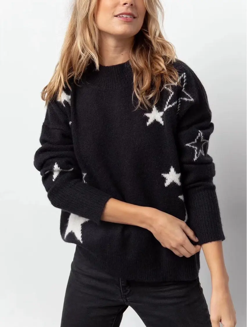 

Romantic Women Sweater Star Jacquard Round Neck Profile Loose Cashmere Sweater Top Women
