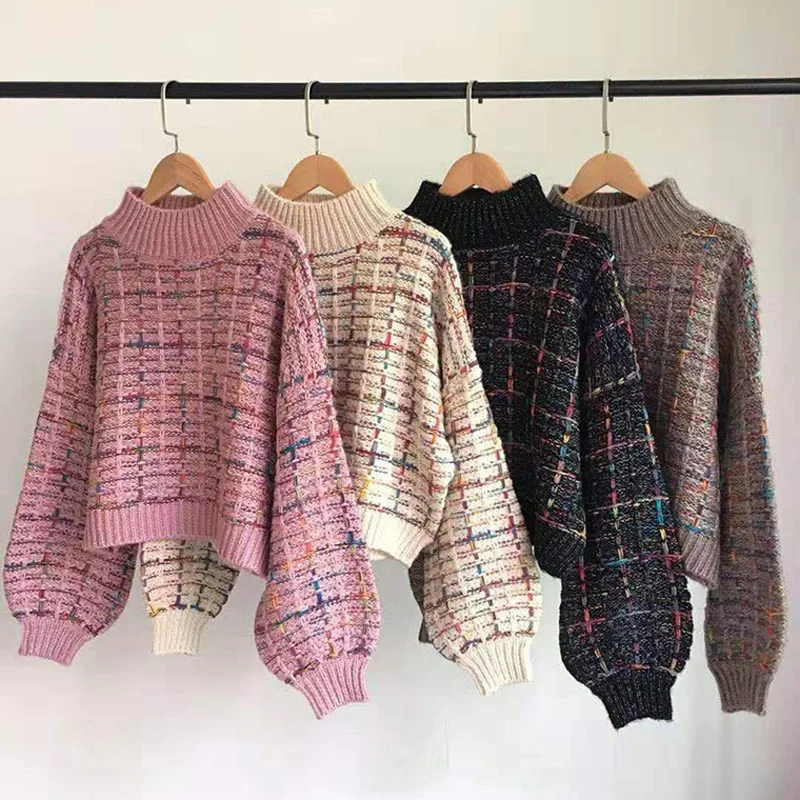 

Women's and girls' Plaid sweaters, Casual Short Sleeved sweaters, Korean style, sleeve lanterns, autumn and winter, 2020