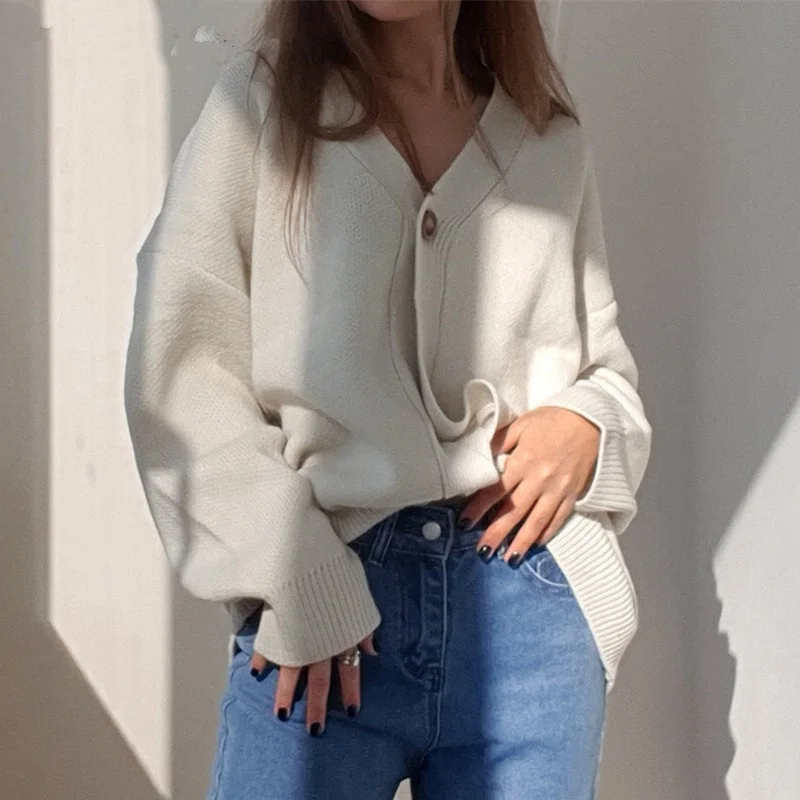 

FOR Winter Spring Women's Sweaters V-Neck Buttons Cardigans Oversized Fashionable Knitted Jacket Korean Lady Knitwears