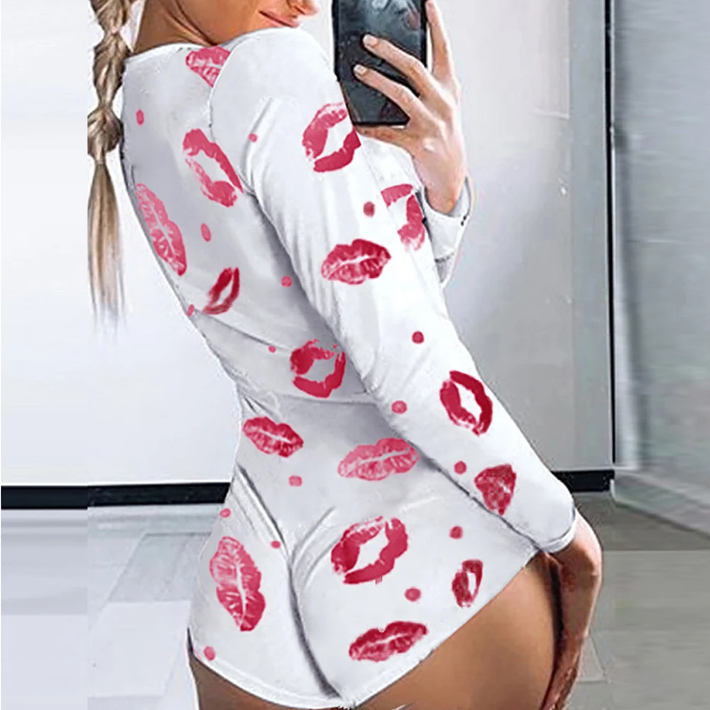 

Sexy Onesie Women Long Sleeve Sleepwear Fashion Print Deep V Slim Clubwear Bodysuit Button Bodycon Stretch Short Romper Pajamas