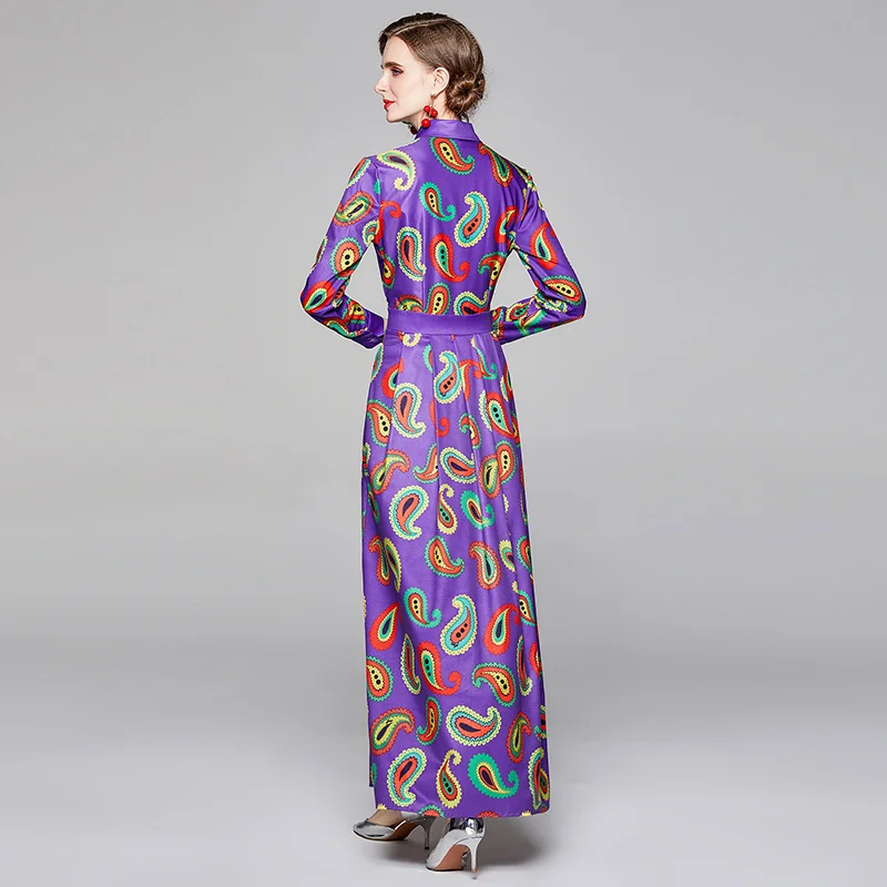 

womens Designer runway shirt neck maxi dress clothes long sleeve printed Floral A-Line Skater holiday beach office ladies dress