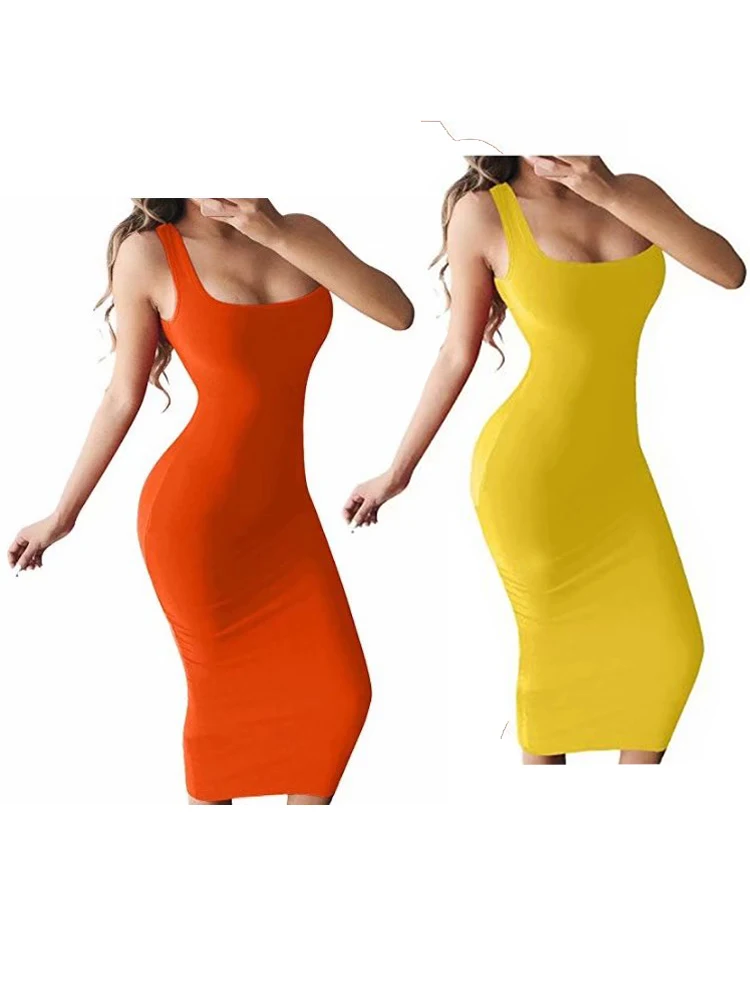 Женское облегающее платье на бретелях-спагетти желтое зеленое черное оранжевое