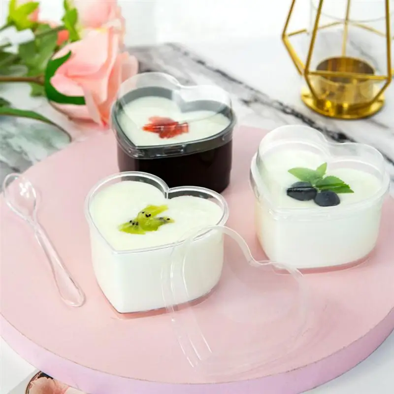 500 Sets Disposable Heart Shape Pudding Cup Jelly Ice Cream Cup  Transparent Yogurt Mousse Dessert Container Baking Supplies