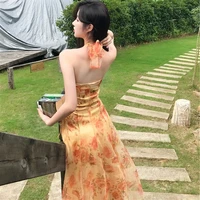 french style vintage chiffon mid length backless floral print cottagecore dress new fairy holiday spaghetti strap dress women