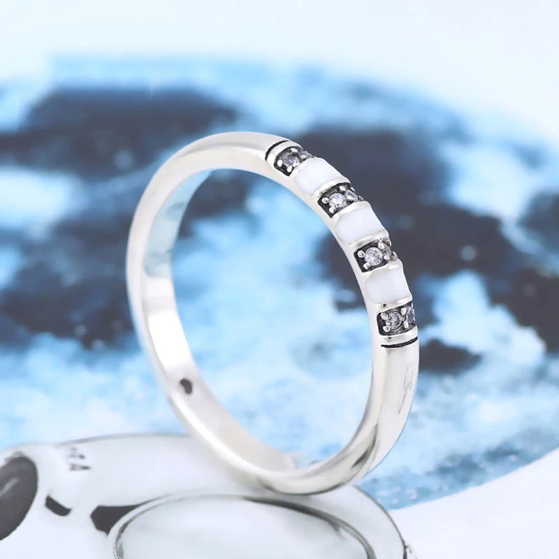 

Real 925 Sterling Silver Ring Silver And White Enamel With Crystal Rings For Women Wedding Party Gift Fashion Jewelry