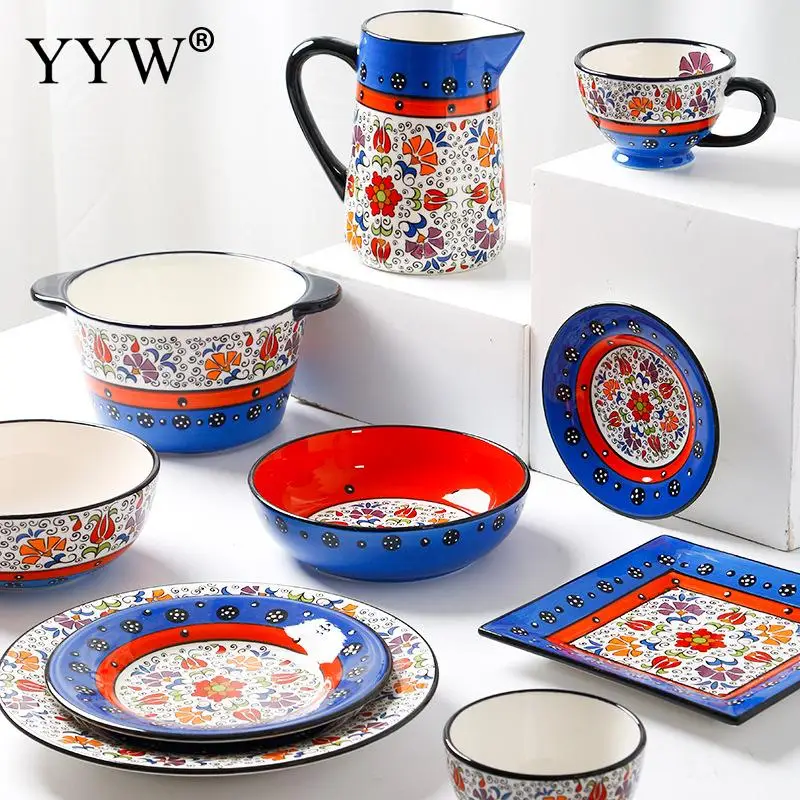 

European-Style Ceramic Tableware Retro Pattern Western Dishes Household Rice Soup Bowls Dishes Flat Plates Dinnerwear Set