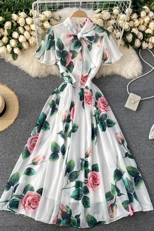 

New French dress goddess fan elegant print temperament mid-length sweet lace bow tie holiday skirt