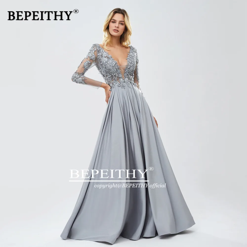 Серый BEPEITHY новое женское вечернее Формальное платье с v-образным вырезом и длинными рукавами Robe De Soiree сексуальное кружевное с открытой спиной платье для выпускного вечера - Цвет: Серый