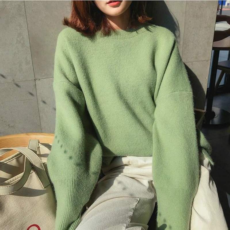 

Women Pullovers Ulzzang Solid O-neck Long Batwing Sleeves Side-slit Elegant Candy Color Loose Thicker Sweaters Oversize Students