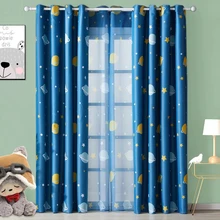cortinas infantiles Cortinas opacas con estampado azul para habitación de niños, decoración del hogar, planta, Planeta, transparentes, para sala de estar, dormitorio, ventana, tul (4)
