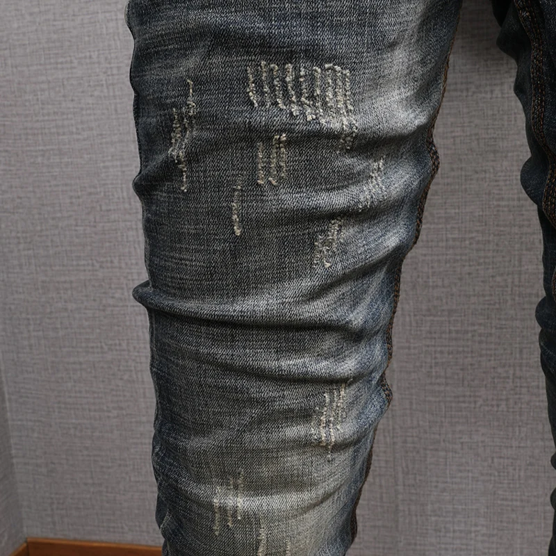 

Italian Style Fashion Men Jeans Retro Blue Elastic Cotton Distressed Ripped Jeans For Men Vintage Designer Slim Fit Denim Pants