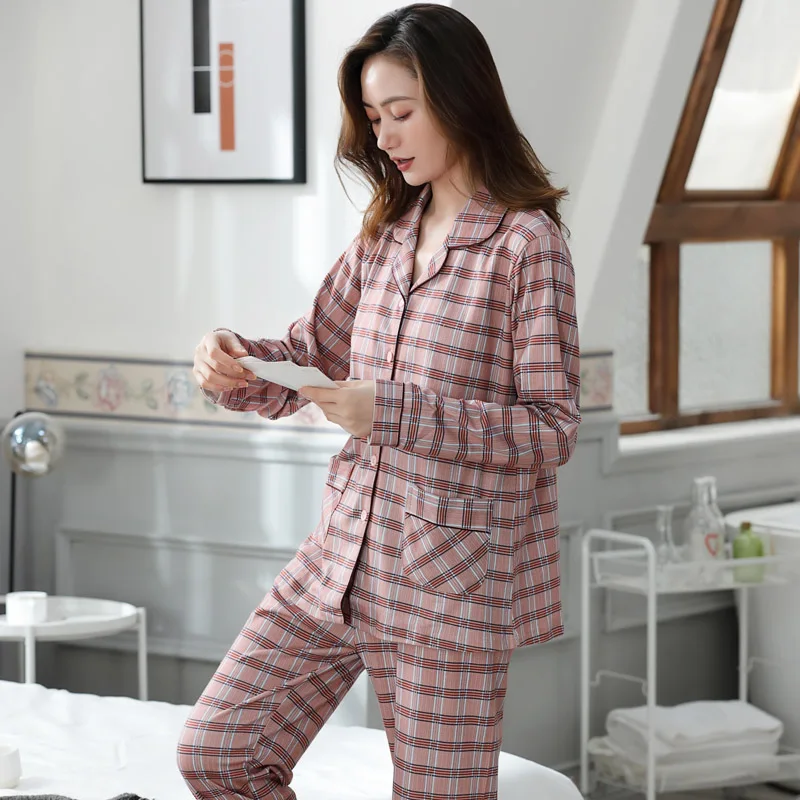 

Large size Winter Women Pajamas Sets Grid Cotton Homewear Women Home Clothes Lounge Wear Long Sleeve Female Pajamas Sleepwear