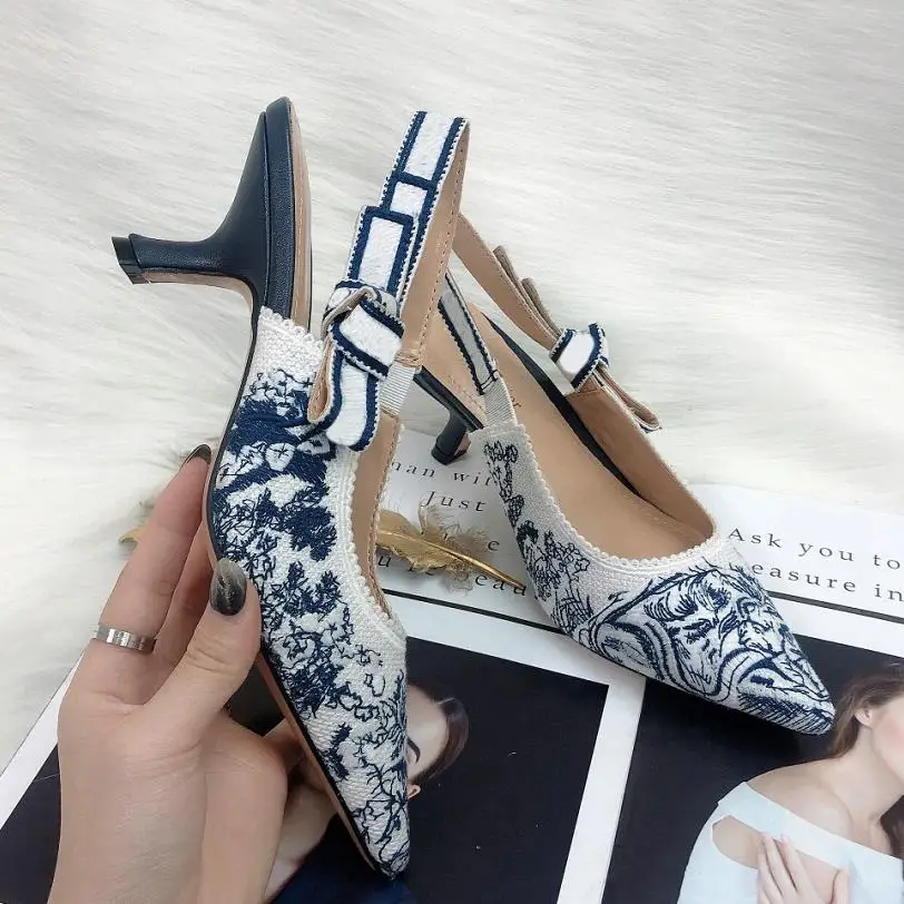 

Босоножки на шпильке-шпильке 9,5 см с вышивкой и бантом, сезон весна-лето 2022, туфли-лодочки с острым носком для женщин