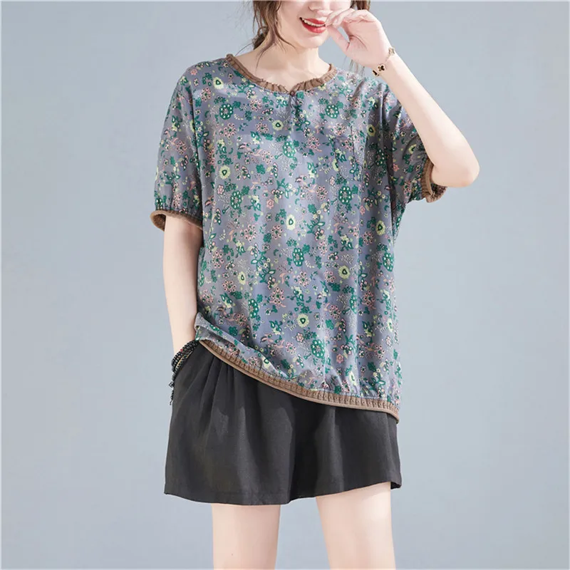 

Plus Size Summer Print T Shirt Korean Tops tshirts Cotton Linen Women T-shirt Loose Korean Woman Tshirt Tee Shirt Femme 2021