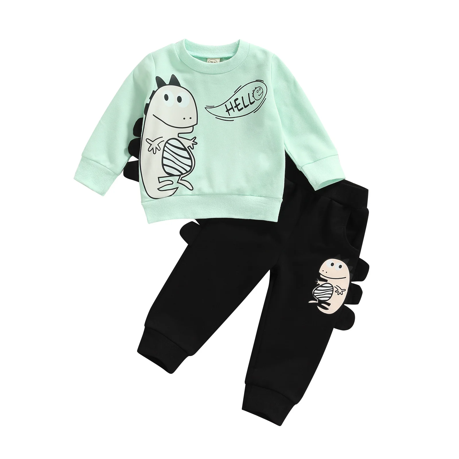 

2021 Spring Autumn Baby Girls Boys 2Pcs Fall Outfits, Long Sleeve Cartoon Dinosaur Print Pullover Tops + Elastic Waist Pants Set
