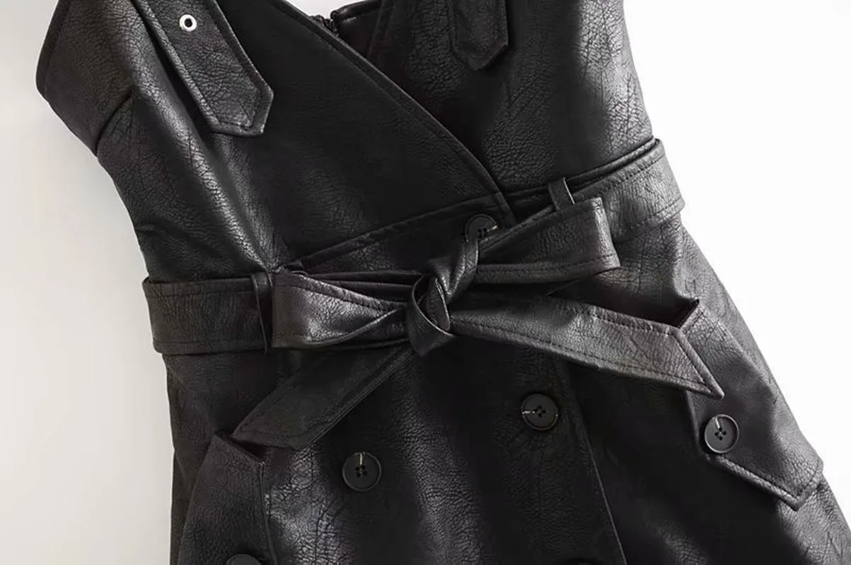 2019 осенне-зимнее женское платье из искусственной кожи с поясом и v-образным