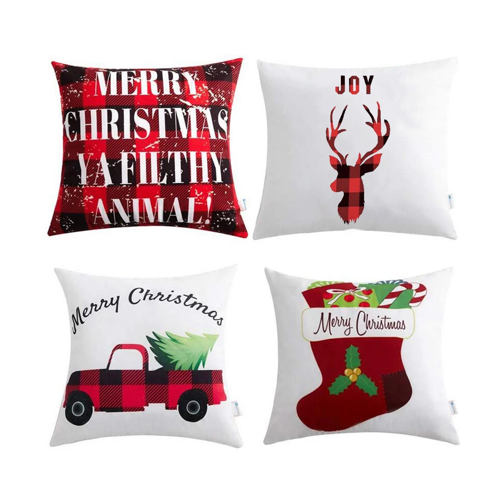

Plaid Linen Throw Pillow Covers 4 Sets, 18x18 Inches Christmas Sofa Throw Pillow Covers, Printed With Buffalo Truck Imaginative