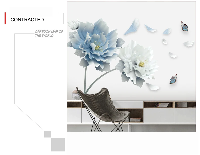 Large White Blue Flowers Lotus Butterfly Removable Wall Stickers 3D Wall Art Decals Mural Art for Living Room Bedroom Decor