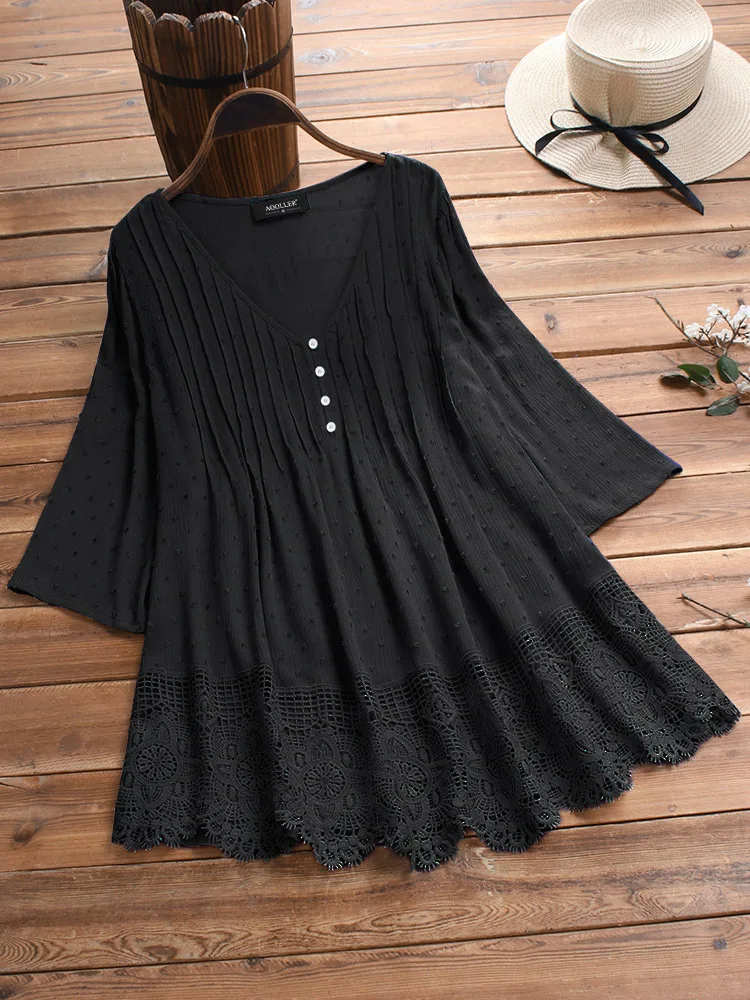 

2021 5XL Spring Summer Lace Patchwork Cotton Linen Shirt Women V Neck Pullover Womens Tops Plus Size Loose Female Shirts Vintage