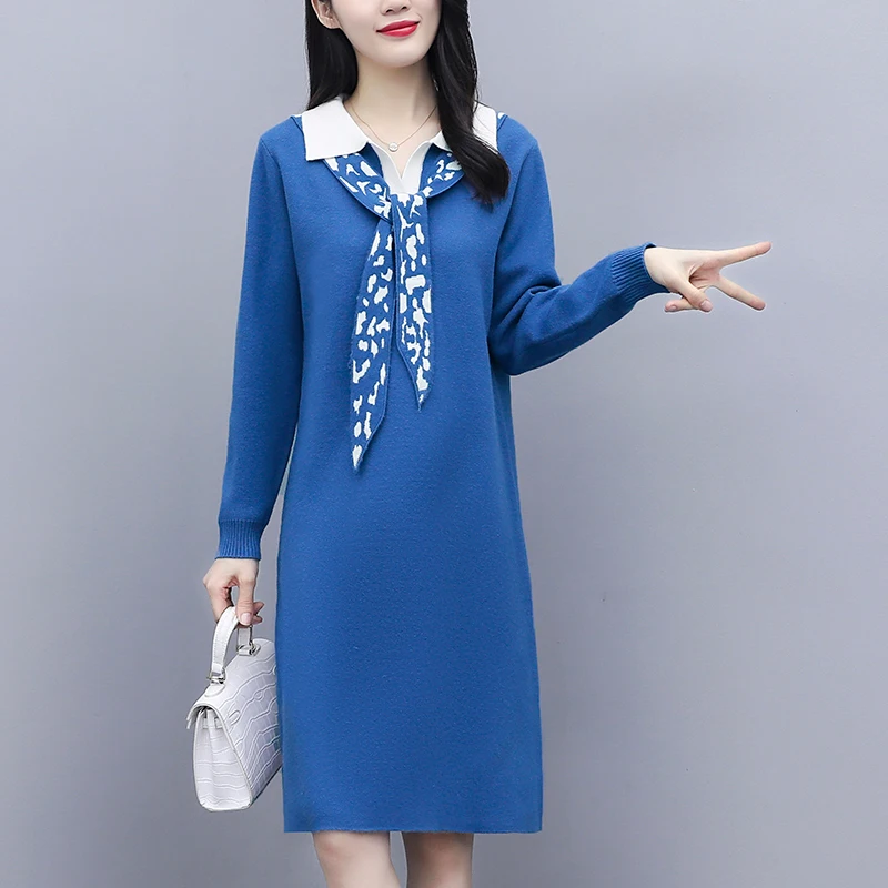 

2020 New Autumn Winter Women Base Dress High Quality Fashion Tie Decorative Loose Casual Knitted Sweater Dress