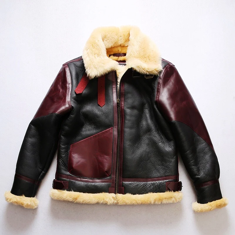 

US BDB3 European Size High Quality Super Warm Genuine Sheep Leather Coat Mens Big B3 Shearling Bomber Military Fur Jacket