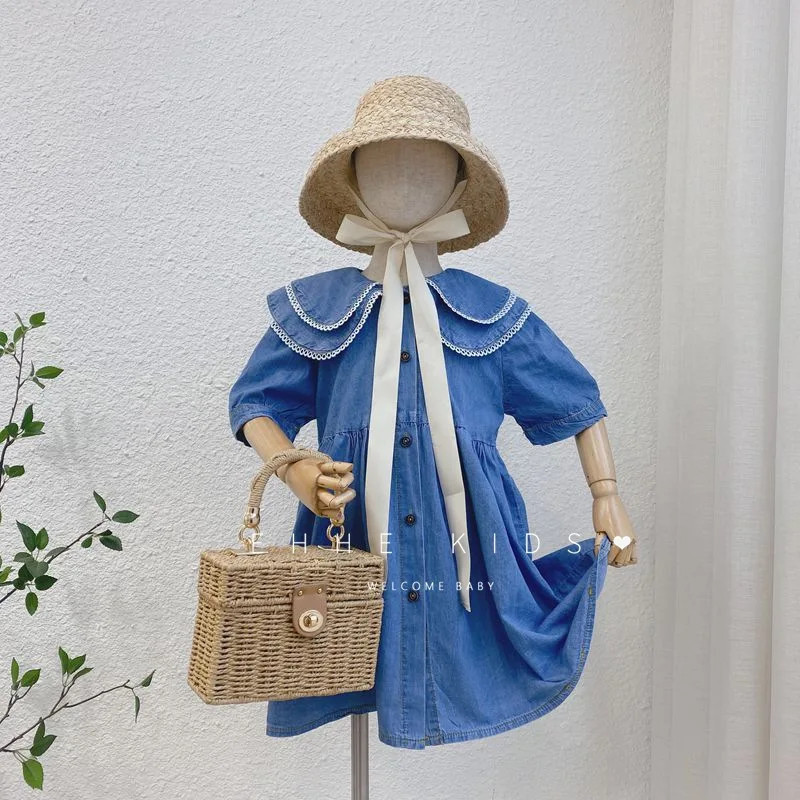 

Girls denim dress 2021 summer new foreign style children's denim dress washed blue short-sleeved dress thin