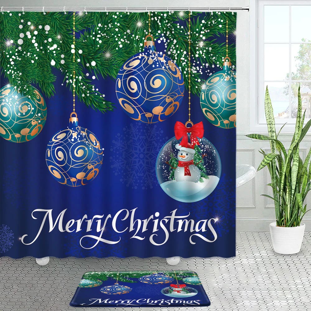 

Blue Christmas Shower Curtains Bath Mats Set Green Pine Branch Xmas Ball Cute Snowman New Year Non-slip Door Rugs Bathroom Decor