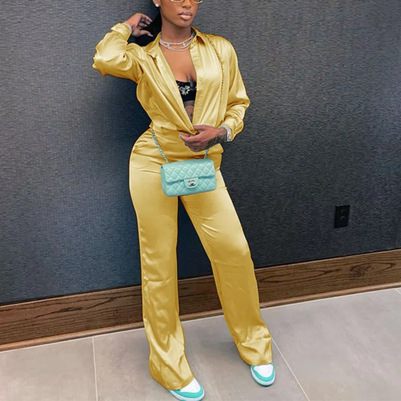 

Echoine Yellow Turn Down Collar Silk Shirt Top and Pants Set Two Piece Set Casual Loose Matching Set Street Women Clothing