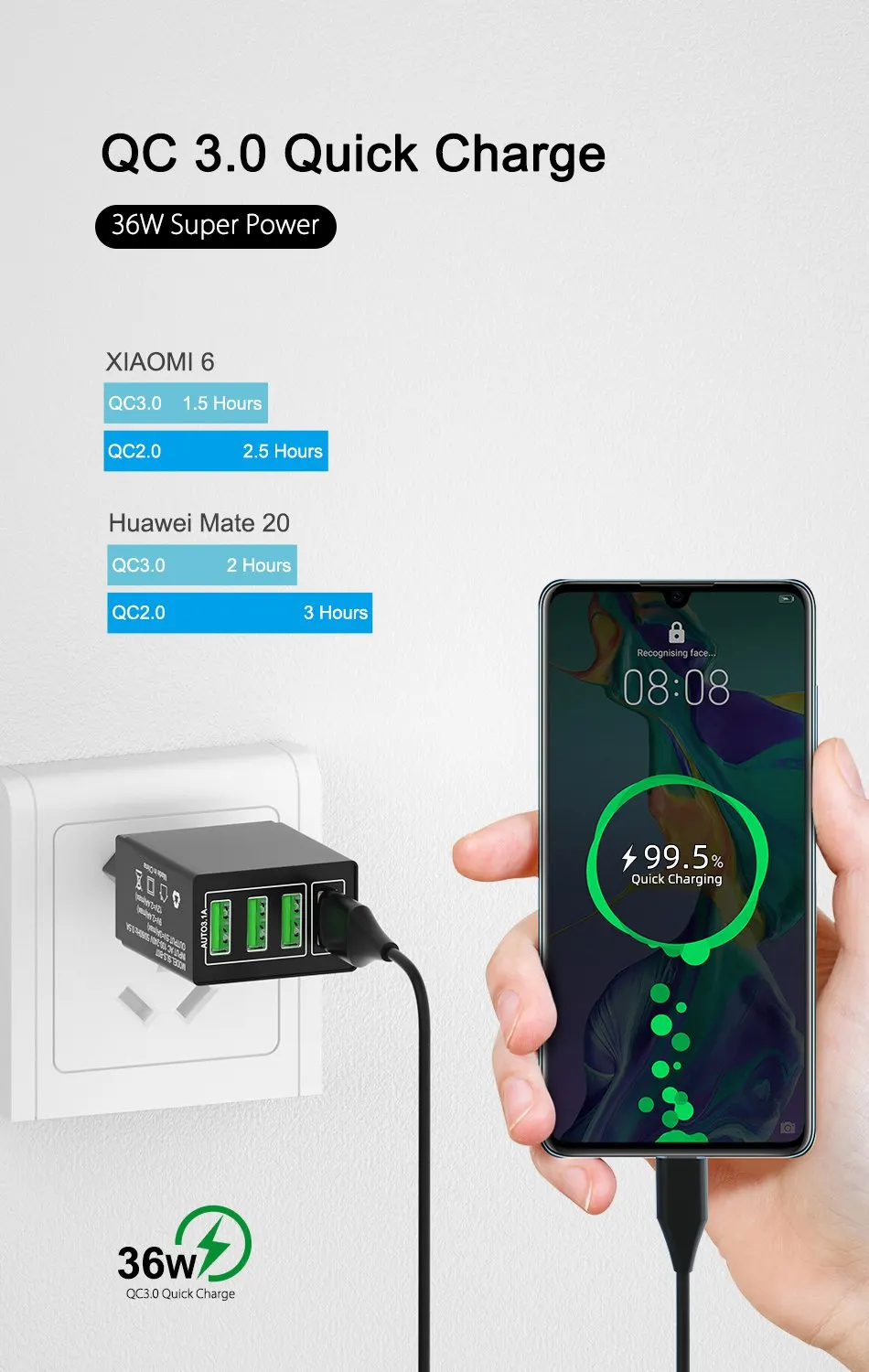 OREY 36 Вт Быстрая зарядка 3,0, 4 порта USB зарядное устройство для samsung Note 9 QC 3,0 настенное зарядное устройство адаптер для Xiaomi быстрое зарядное устройство