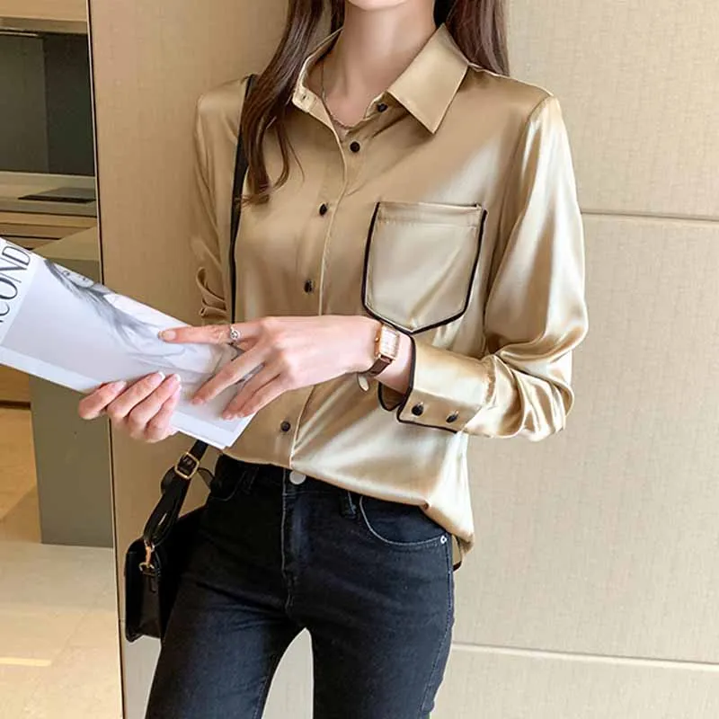 

Satin Silk Solid Office Shirt Women Korean Long Sleeve Loose Blouses Women Turn-down Collar Clothes Spring New Female Tops 12804
