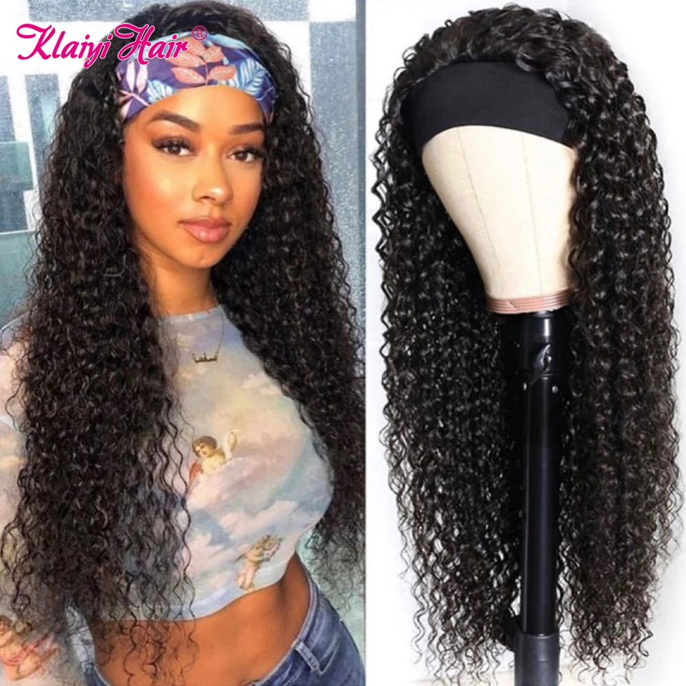 Klaiyi Hair Long Curly Headband Wig Human Hair Brazilian Hair Wigs For Women Natural Black Remy Hair Scarf Curly Glueless Wig