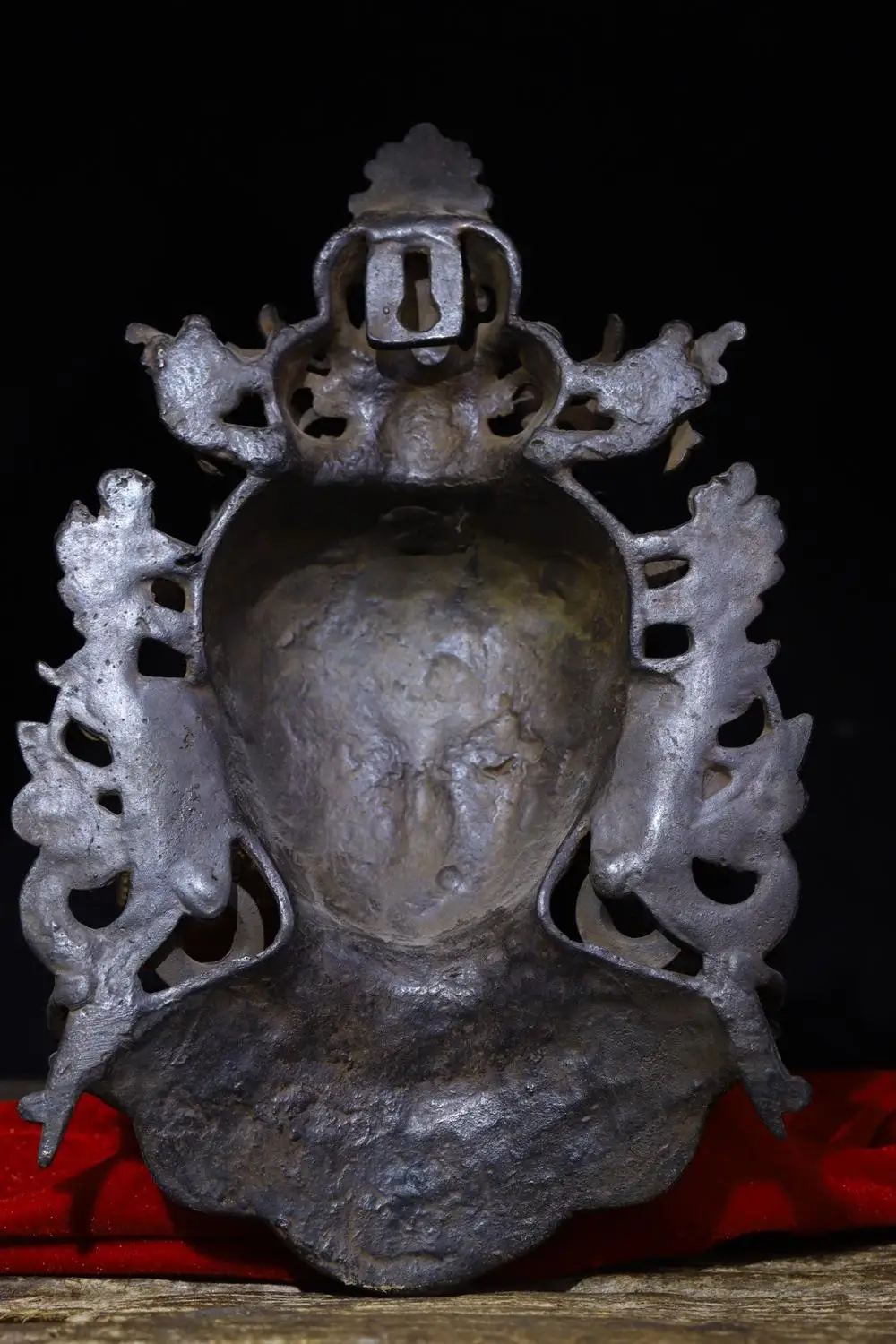 

Home Decor 12" Tibet Buddhism Temple Old bronze Tracing Three-eyed Tara Buddha Head Statue Green Tara Guanyin Head Mask