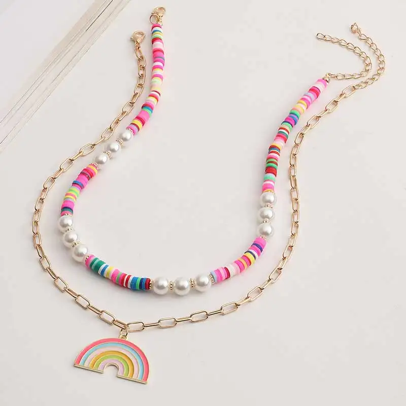 

Fashion Colours Of The Rainbow Necklaces Colorful Clay Double Collarbone Chain Alloy Imitation pearl Necklaces Jewelry For Women
