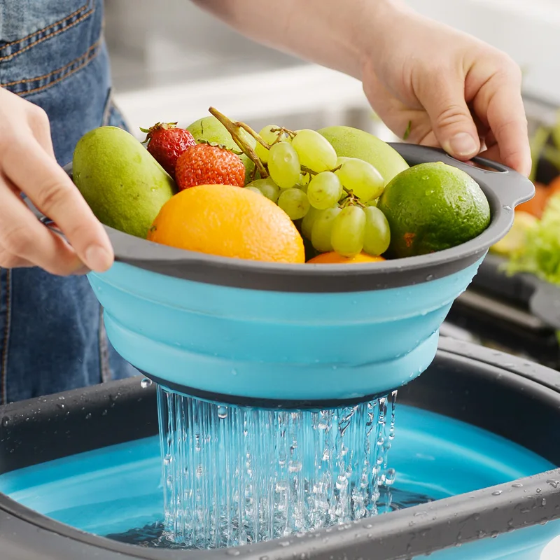 Складная Силиконовая сливная корзина дуршлаг для мытья фруктов и овощей