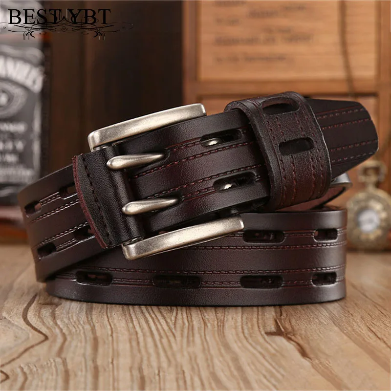 Best YBT High Quality Genuine Leather Belts for Men Brand Strap Male Double Pin Buckle Fancy Vintage Jeans Cowboy Belts