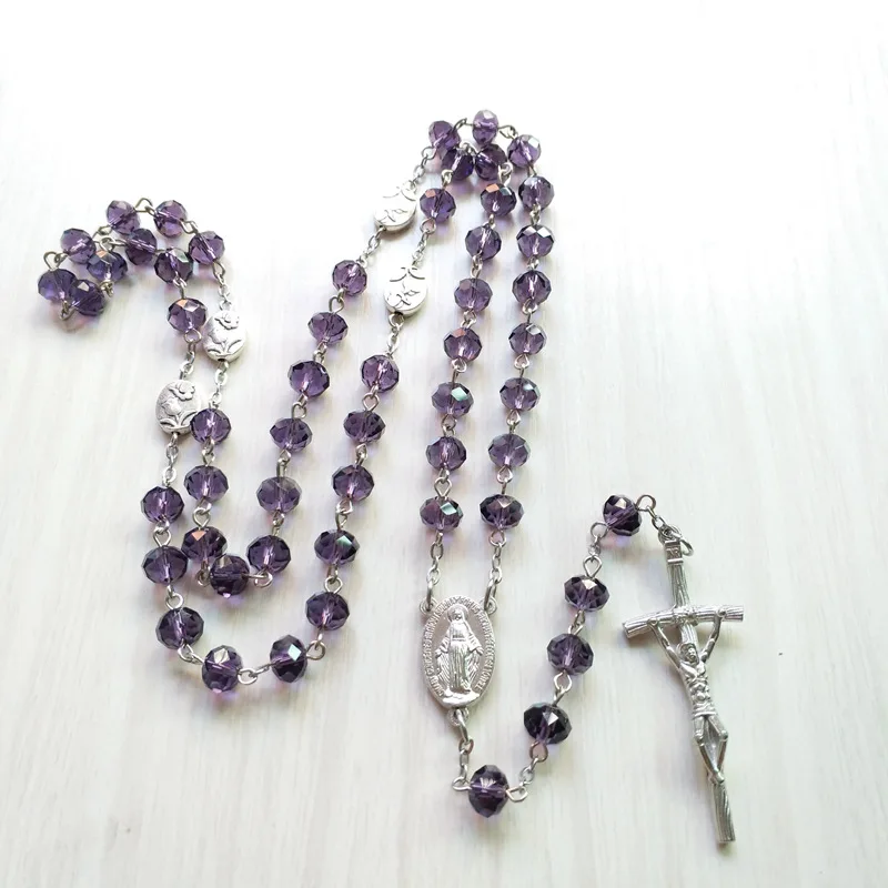 QIGO фиолетовые хрустальные четки ожерелье католический длинный крест кулон