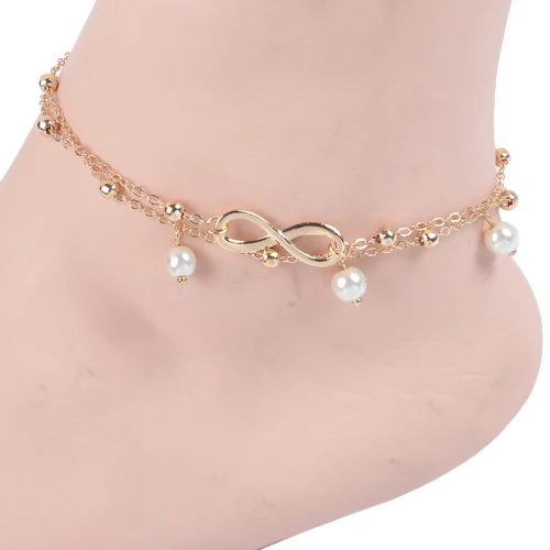 

Fashion Double Layered Anklet Gold White Infinity Symbol Imitation Pearl For Women Link Leg Chain Beach Holiday Foot Jewelry