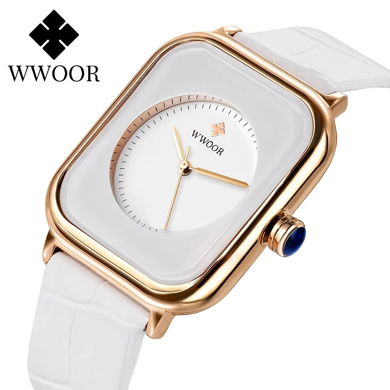 Women Fashion Square Watches WWOOR Brand Ladies Quartz Wristwatch Simple White Leather Band Dress Waterproof Watches Reloj Mujer
